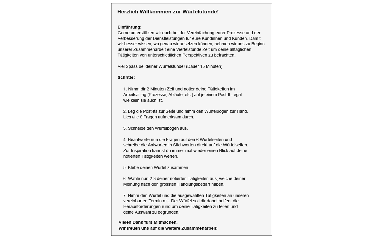 Anleitung mit den einzelnen Schritten der «Würfelstunde»