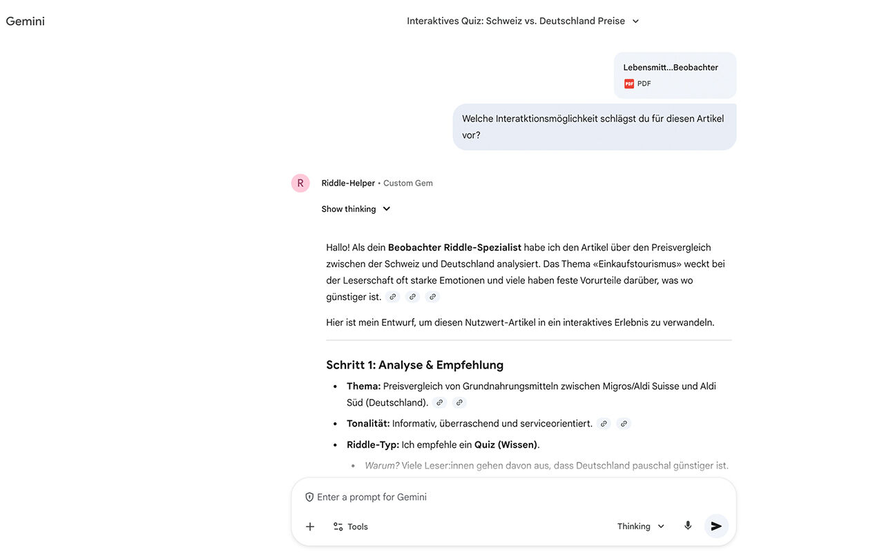 Der massgeschneiderte «Riddle-Spezialist» in Gemini übersetzt Artikelinhalte in Sekunden in komplexe Interaktions-Logiken.