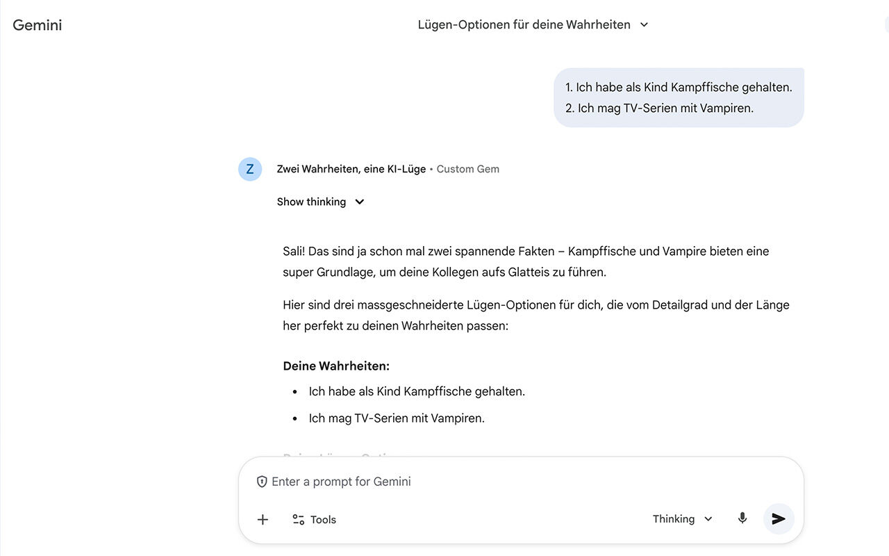 Einfach und schnell: Um die Lügen zu generieren, müssen nur die beiden Fakten in den Chat gestellt werden.