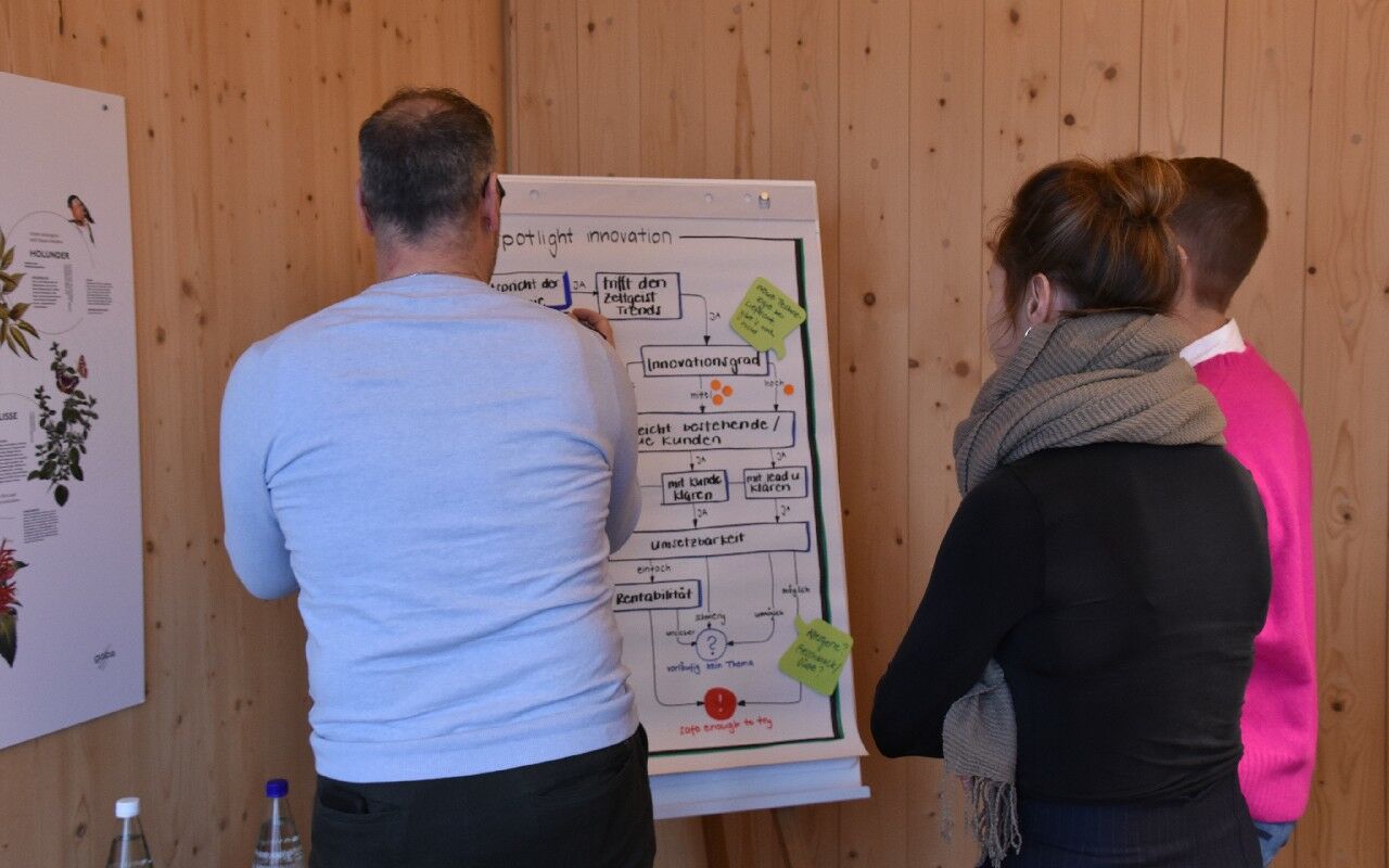 Die Idee für ein neues Produkt wird entlang vom Fragebaum bewertet und eingeordnet